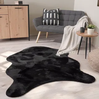 Paco Home Teppich Wohnzimmer Kurzflor Modernes Kunstfell, Fellform Weich Einfarbig rutschfest Grösse 120x160 cm Fell-form - Schwarz