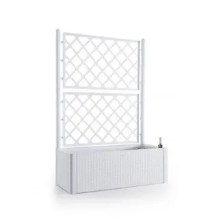 XL Rankgitter, Spalier mit Pflanzkasten in moderner Rattan-Optik aus robustem Kunststoff in Weiß. Maße BxTxH in cm: 100 x 43 x 142 cm. Topp für Garten, Terrasse und Balkon!
