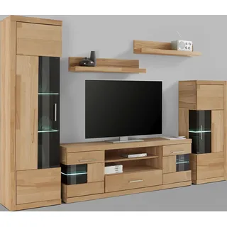 OTTO home Wohnwand OTTO HOME "Ribe Wohnwand Set-5 St.", beige (kernbuche teilmassiv), B:260cm H:180cm T:35cm, Holz teilmassiv, Kastenmöbel-Sets, Wohnwand, Glaseinsatz aus gehärtetem Glas,Böden teilweise versetzbar