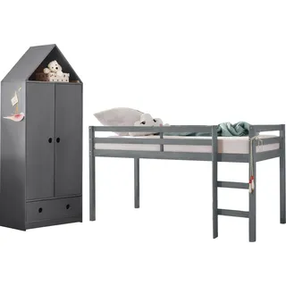 OTTO home Jugendzimmer-Set OTTO HOME "Alpi", grau, Schlafzimmermöbel-Sets, Hochbett und Kleiderschrank in Hausoptik, perfekt für kleine Räume