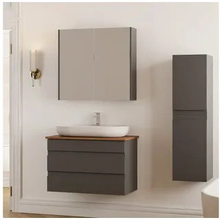 Karen Badmöbel-Set Badmöbel Set Lara Konsole, (Komplett-Set, Standartmäßig 4-Teilig (Unterschrank, Konsole, Waschbecken, Spiegelschrank), 4-St., Unterschrank mit Türen, Spiegelschrank mit Türen & Regalen), Minimalistisches Design, Matt-Beschichtung, Softclose, Griffleisten schwarz 80 cm x 50 cm x 42.5 cm