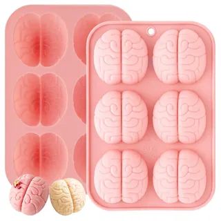2 Stück Gehirn Silikonformen Backen für Halloween, Je 6 Vertiefungen | Backzubehör, für Schokolade, Eiswürfel, Fondant, Kuchen, Gelee, Pudding, für Halloween, Gruselige Party, Deko & Basteln
