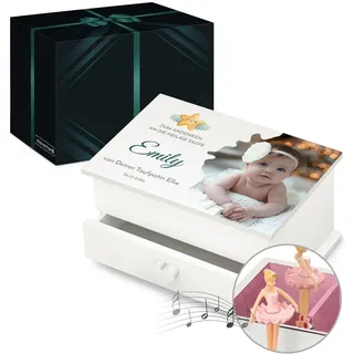 Maverton Jewelkeeper mit Aufdruck - Schmuckschatulle mit Spieluhr Ballerina - Musikschmuckdose für Mädchen - Schmuckkästchen zur Taufe - zur Erstkommunion - zum Geburtstag - mit Schublade - Andenken