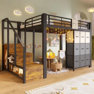 BTM Metall Hochbett 140x200 mit Treppe und Modulares Schubladen Hochbett Jugendliche mit Stauraum, Schwarz