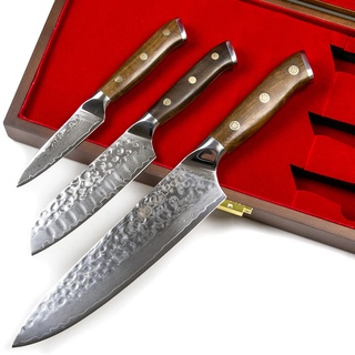 STALLION 3er Messerset Damast mit Edlem Ironwood Griff - Hochwertiges Damastmesser Set aus Kochmesser, kleines Santokumesser und Officemesser - Küchenmesser aus Damaststahl