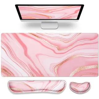 Gimars 3-in-1 XXL Gaming Mauspad mit Gelkissen, Ergonomisches Handballenauflage Tastatur, 800 x 305 mm Mousepad Tischunterlage, Gaming Zubehör Wrist Rest für PC, MacBook, Laptop, Pink Golden