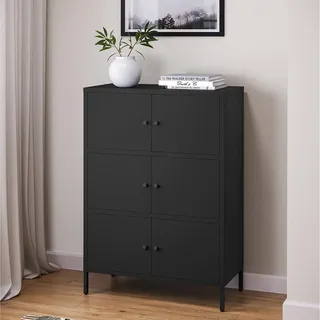 skølm Atriona Kommode 80 cm, mit 3 Fächern, Schwarz, Sideboard mit 6 Türen | Metallschrank, Kleiner Mehrzweckschrank breit, höhenverstellbare Füße, Aufbewahrungsschrank, Wohnzimmerschrank, Flurschrank