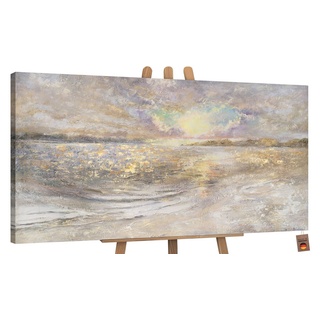 YS-Art Gemälde Meer Dämmerung, Landschaft, Leinwand Bild Handgemalt Sonnenuntergang am Meer Strand weiß 100 cm x 50 cm x 4 cm