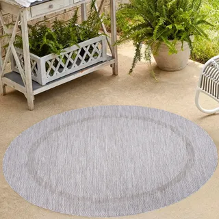 Carpetsale24 Outdoor Teppich Rund 200 cm Silber Bordüre Design Flachgewebe Wetterfest Waschbar Groß für Wohnzimmer Esszimmer Terrasse Garten