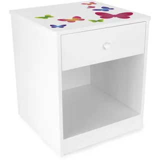 Leomark Nachttisch aus Holz - Schmetterlinge - Nachtschränkchen mit Schublade, Nachtschrank für Kinder, Weiß Nachtkonsole mit Aufdruck, Höhe: 40 cm