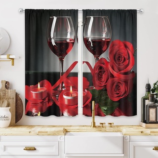 MESHELLY Küchenvorhänge mit roten Rosen und Weinrot, 27.5 B x 39 H Stangentasche, roter Küchenvorhang für Frauen, kleine Blumen, Weindekorationen, Café-Vorhänge für Küche, Stoff, 2 Paneele