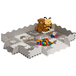 Relaxdays Puzzlematte, 4x3 Baby Spielmatte mit Rand, Dinosaurier, schadstofffreier Schaumstoff, Kindermatte, grau/weiß