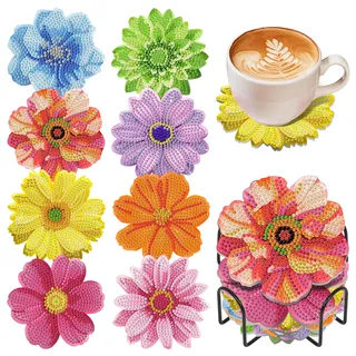 OkarinaArt 8 Stück Blumen Diamond Painting Untersetzer mit Halter | Diamant Painting Untersetzer Set mit Korkunterseite, Rutschfeste Acryl Tassenuntersetzer, Bastelset für Erwachsene & Kinder