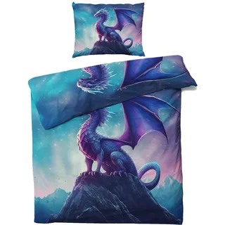 MOBEITI Fantasy Drache Bettwäsche 135x200, Sternenhimmel Drachenmotiv Wendebettwäsche, Weiche Kuschelige Mikrofaser Bettbezug Set 2teilig, 1 Kissenbezug 80x80, mit Reißverschluss