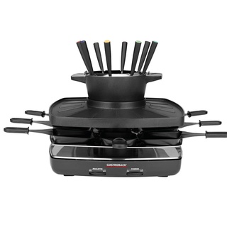 GASTROBACK 42567 Raclette Fondue Set Family and Friends, für 8 Personen mit großer Gerippter Grillplatte, antihaftbeschichtet, abnehmbar und spülmaschinengeeignet, 1200, schwarz, Silber