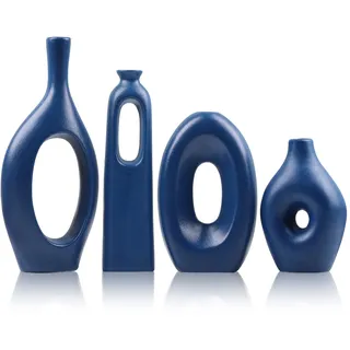 Blaue Keramikvase, 4er-Set – runde, Hohle Boho-Vasen für Pampasgras- und Blumendekoration, Moderne, minimalistische kleine Vasen für Wohnzimmer, Schlafzimmer, Kamin und Tafelaufsätze