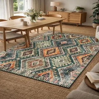 Generisch Teppich Quadratisch,Geometrisch, Vintage Grün, Orange, Rot, Beige, Blau, 200 x 200 cm, Kurzflor Teppiche Schlafzimmer Wohnzimmer Dekoration, fußbodenheizung geeignet