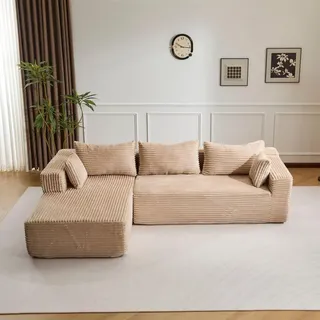 Ecksofa Modernes Samtcord Schlafsofa, Sofa klein L-Form Couch 3-Sitzer Ecksofa, Zweisitzer+Chaiselongue, kleine Wohnlandschaft - Beige
