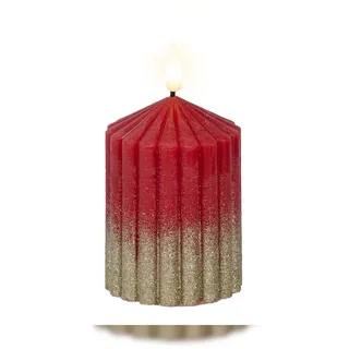 Lumineo LED Kerze mit Timerfunktion 7x10cm Wachs mit Rillen & Glitzer Echtwachskerze batteriebetrieben Wachskerze Stumpenkerze Rot Warmweiß