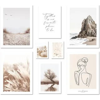 ARTFAVES® Poster Set - BEIGE HARMONY - mehrteilige Wanddeko Wohnzimmer & Schlafzimmer - 8 moderne Wandbilder Natur, beige, Strand, Meer, Line-Art, Pampasgras - ohne Bilderrahmen