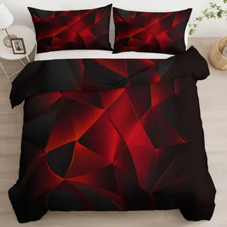 Quixora Bettbezug Einzelbett 180 x 200 cm Unregelmäßige Schwarze und rote Geometrie Wendebettwäsche Bettwäsche Set mit Reißverschluss 3 Teilig Weiche Steppdeckenbezug+ Kissenbezüge 80x80 cm