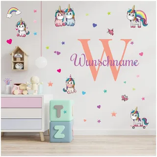 Wandsticker personalisiert Sticker Aquarell Tiere mit Name Wandtattoo für Kinderzimmer Babyzimmer Spielzimmer Mädchen Junge Y037 (Nr. 22 Einhörner, Mit Wunschname)