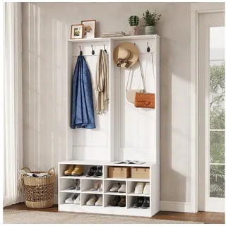 VOWNER Garderobenständer Weiß, Flurgarderobe mit Sitzbank, Schuhablage und Haken, (1 St), Kompakte Garderobe 100x35x180 cm für Flur und Eingang weiß