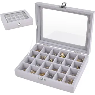 Naapesi 1PCS Schmuckkästchen Grey,Samt Box mit 24 Fächer und Glas Deckel,Ohrring Aufbewahrungsbox, Schmuckaufbewahrung Klein Verstellbar für Ringe,Armband,Halskette und Ohrringe