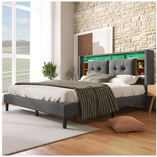 OKWISH Polsterbett Doppelbett Stauraum-Kopfteil Bett (1-tlg., 160x200cm ohne Matratze), Mit aufladen USB und LED-Beleuchtung Bettgestell grau
