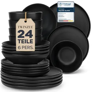 24-teiliges Geschirrset aus Steingut in Matt-Schwarz für 6 Personen - Schwarze Teller & Tassen Mikrowellengeeignetes Tafelservice - Twinzee Ebony Collection