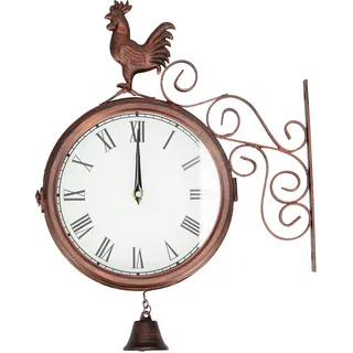 Doppelseitige Wanduhr, Antiker Schmiedeeiserner Hahn, Messing, Runde Römische Ziffern Für Haus Und Garten