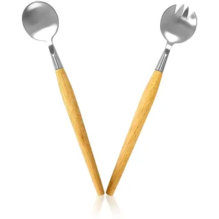 Spldsun 2 Teiliges Set Salatbesteck Edelstahl, Salatbesteck mit Holzgriff, Salatbesteck Klein, für Obst, Salat, Suppe, Nudeln (28,5 cm)