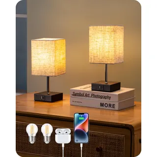 EDISHINE 2er Set Nachttischlampe, Touch-Dimmer, 2 USB, Schwarz | mit Ladefunktion, 5 V / 2,1 A, inkl. 2700K LED Leuchtmittel für Schlafzimmer, Wohnzimmer, Fensterbank, 28 cm