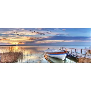 artissimo Bild aus Glas 80x30 cm Landschaft AG3445A – modernes Glasbild Boot See Sonnenuntergang Wandbild Querformat, Wanddeko Wohnzimmer, Natur