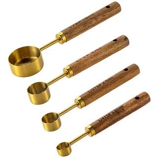 Hwtcjx Messlöffel Set, Edelstahl Teelöffel, 4 Stück Cup Messbecher mit Holzgriff, Löffel Set mit Skala, Gewürzlöffel Esslöffel Dosierlöffel für Klein Gewürzgläser Flüssigkeit Backmessen (Gold)