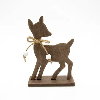 Deko Rehkitz aus Holz 10cm - Rustikale Holzfigur mit Juteschleife & Perlen