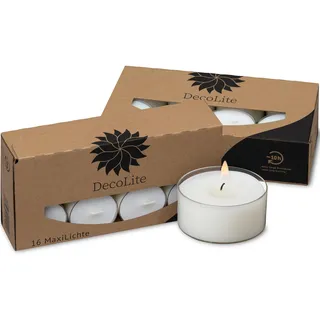 DecoLite Maxi Teelichter im Acrylcup – 9–10h lange Brenndauer – Auswahl: 16 bis 160 Stück – Große Teelichter transparent – Ø 5,6 cm x H 2,5 cm - (32 x MaxiLights)