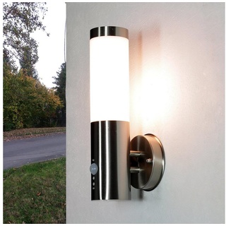 Licht-Erlebnisse Außen-Wandleuchte NEW YORK+LM054, LED wechselbar, Außenlampe Wand IP44 mit Bewegungsmelder E27 Ø 7,6 cm Edelstahl