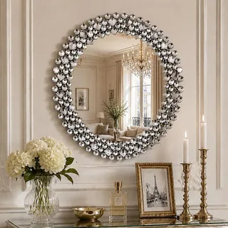 SHYFOY Wandspiegel mit Schmucksteinen, Silber, 45.7 cm, Runde Spiegel, Wanddekoration, Großer Spiegel, Kristall-Akzentspiegel für Wohnzimmer, Schlafzimmer, Kamin