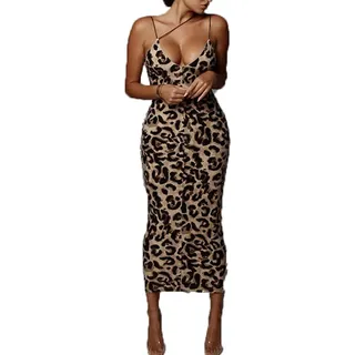BSLVWG Damen Sexy Asymmetrische Spaghetti Strap Kleid Damen Tief V-Ausschnitt Ärmellos Leopard Bodycon Midi Club Kleid Party Kleid (DE/NL/SE/PL, Alphanumerisch, M, Regular, Regular, Leopard) - M