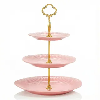 Keramwerk Etagere 3 Etagen, 3-stöckiger Keramik-Kuchenständer, gestufter Hochzeits-Dessert-Cupcake-Ständer für Teepartys, Essens-Servierer (Gold & Pink)