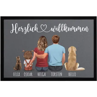SpecialMe® Fußmatte Familie mit Figuren und Namen personalisiert 1,2,3,4 Kinder Hund Katze rutschfest & waschbar Schwarz 60x40cm