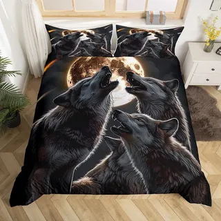 Homewish Jungen Mädchen Galaxy Moon Wolf Bettbezug 135x200 | Wolf Bettwäsche Set Goth Zimmer Jagd Safari Wildlife Tröster Abdeckung 3D Tier Wölfe Bett Set