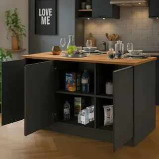 Dmora Unterschrank Kücheninsel Patrizio 155 x 90 x 90 cm Anthrazit und Eiche