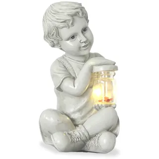Tuzsocr Solar Gartenstatuen - Junge und Mädchen Figur für mit Solarleuchte, Wasserdichte Outdoor Kleiner Junge Skulptur, mit warmem Licht LED,Fairy Harz Deko Rasen, Hof, Terrasse, Fensterbank,19cm (A)