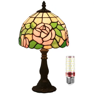 Uziqueif Rosen Tiffany Lampe, 8 Zoll Tiffany Style Tischlampe, Tischlampen für Schlafzimmer Nachttischlampe Arbeitszimmer Office, Metallsockel
