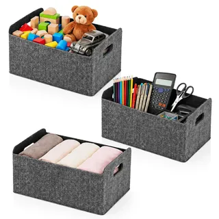 Kufeiper 3 Stück Filz-Aufbewahrungskorb, Robuste Faltbox mit Griffen, Grauer Filzbox-Aufbewahrungskorb, Aufbewahrungsbox aus Filz zum Aufbewahren von Spielzeug und Kleidung (31 x 25 x 15 cm)