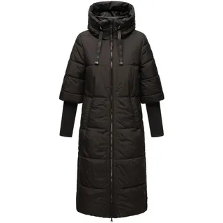Navahoo Damen Wintermantel Warmer Steppmantel lang mit Kapuze und Rippstrickärmeln Ciao MIAU XIV Black Gr. XS - XS