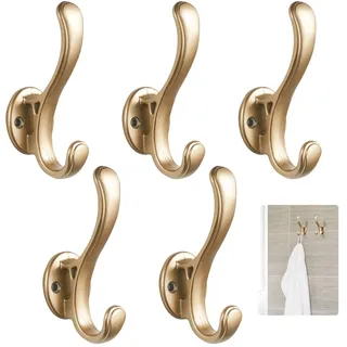 Rairsky 5 Stück Garderobenhaken Gold, Kleiderhaken Vintage Wand Gold, Aluminium Doppelte Wandhaken, Robuster Garderobenhaken, Coat Hooks mit Schrauben für Eingang, Garage, Schlafzimmer, Terrasse, Bad
