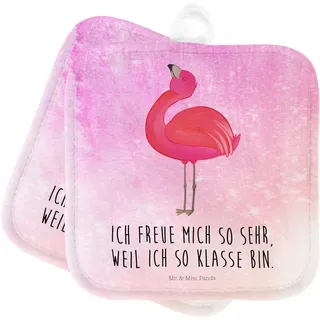 Mr. & Mrs. Panda 2er Set Topflappen Flamingo Stolz - Geschenk, Selbstliebe, Tochter, Topflappenset, Schöne Topflappen, Topflappen lustig, rosa,